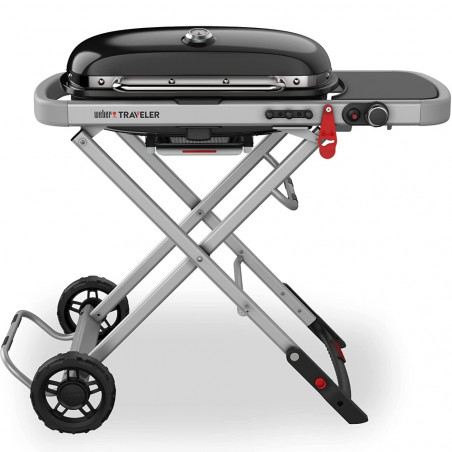 Преносимо барбекю на газ Weber Traveler WB 9010075, 3.5 kW, 63.5x34.3 cm, Емайлирани с порцелан чугунени скари, Горелка от неръждаема стомана, 2 колела, Черен/сребрист