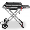 Преносимо барбекю на газ Weber Traveler WB 9010075, 3.5 kW, 63.5x34.3 cm, Емайлирани с порцелан чугунени скари, Горелка от неръждаема стомана, 2 колела, Черен/сребрист
