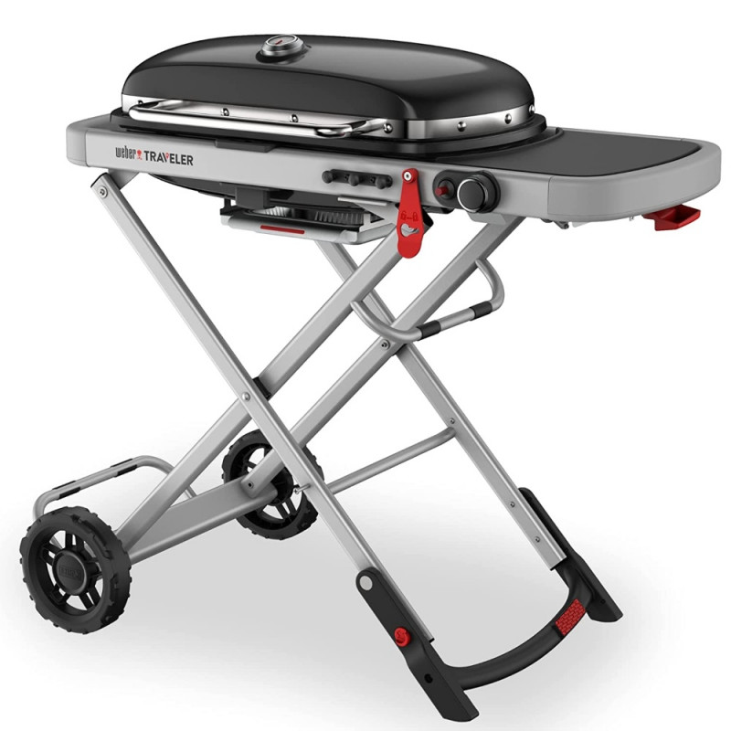 Преносимо барбекю на газ Weber Traveler WB 9010075, 3.5 kW, 63.5x34.3 cm, Емайлирани с порцелан чугунени скари, Горелка от неръждаема стомана, 2 колела, Черен/сребрист