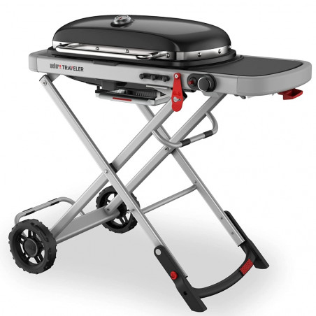 Преносимо барбекю на газ Weber Traveler WB 9010075, 3.5 kW, 63.5x34.3 cm, Емайлирани с порцелан чугунени скари, Горелка от неръждаема стомана, 2 колела, Черен/сребрист