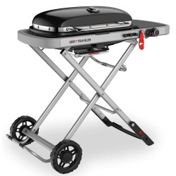 Преносимо барбекю на газ Weber Traveler WB 9010075, 3.5 kW, 63.5x34.3 cm, Емайлирани с порцелан чугунени скари, Горелка от неръждаема стомана, 2 колела, Черен/сребрист