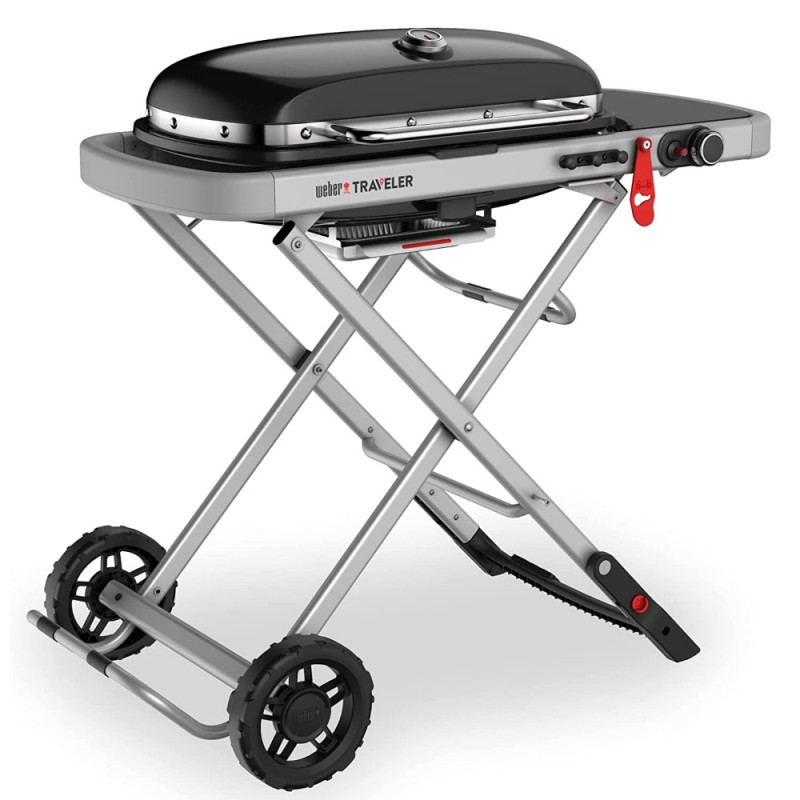 Преносимо барбекю на газ Weber Traveler WB 9010075, 3.5 kW, 63.5x34.3 cm, Емайлирани с порцелан чугунени скари, Горелка от неръждаема стомана, 2 колела, Черен/сребрист