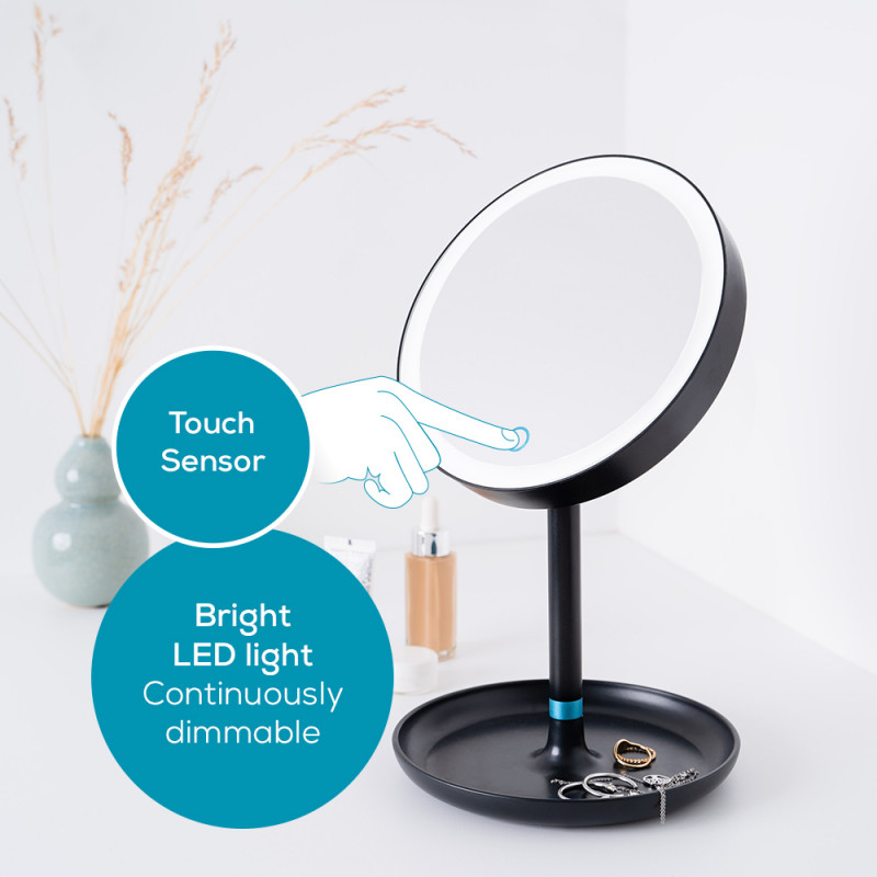 Козметично огледало Beurer BS 45, 17.5 см, LED светлина, Петорно увеличение, Сензор за допир, Функция затъмняване, Черен