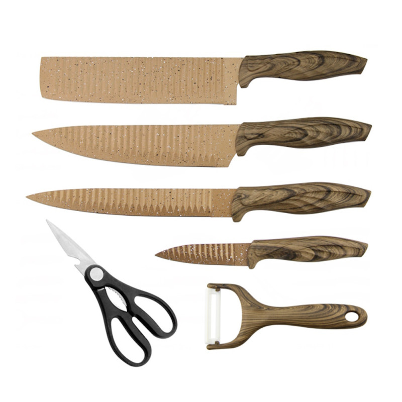 Комплект ножове HausRoland HR001-1, 6 части, Белачка и ножица, Гумена дръжка, Кафяв