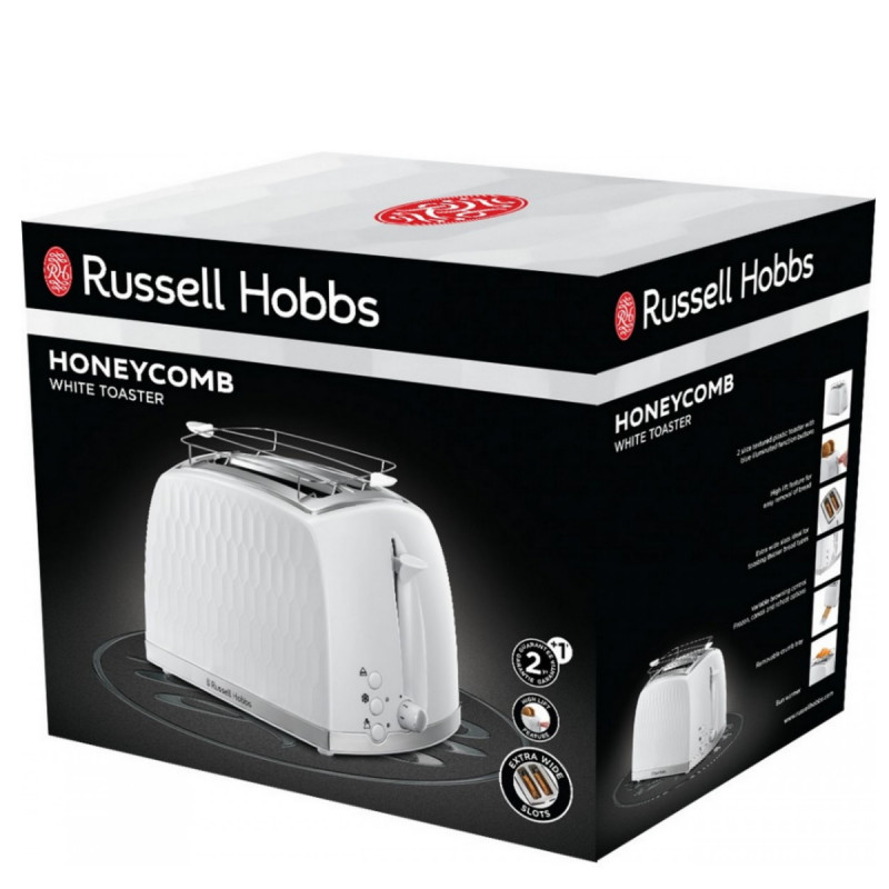Тостер за хляб Russell Hobbs 26060-56, 850W, 2 филийки, Високо повдигане, Широки отвори, Размразяване, Бял