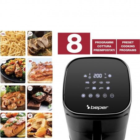 Фритюрник с горещ въздух Air Fryer Beper P101FRI051, 1400 W, 5l, 8 програми, 80-200C, Таймер, Черен