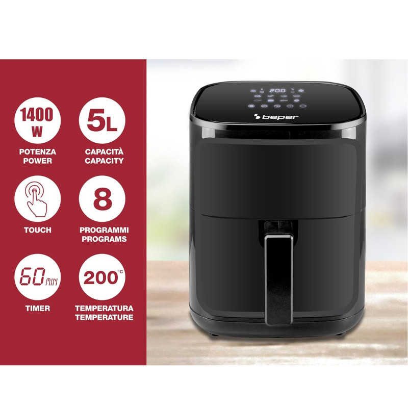 Фритюрник с горещ въздух Air Fryer Beper P101FRI051, 1400 W, 5l, 8 програми, 80-200C, Таймер, Черен