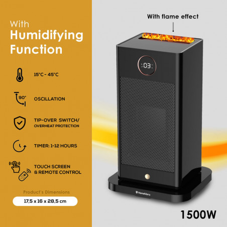 Отоплител и овлажнител 2в1 HomeVero HV-SFH1500, 1500 W, 3D Пламък, Дистанционно, Таймер, Осцилация, 15-45 C, Черен