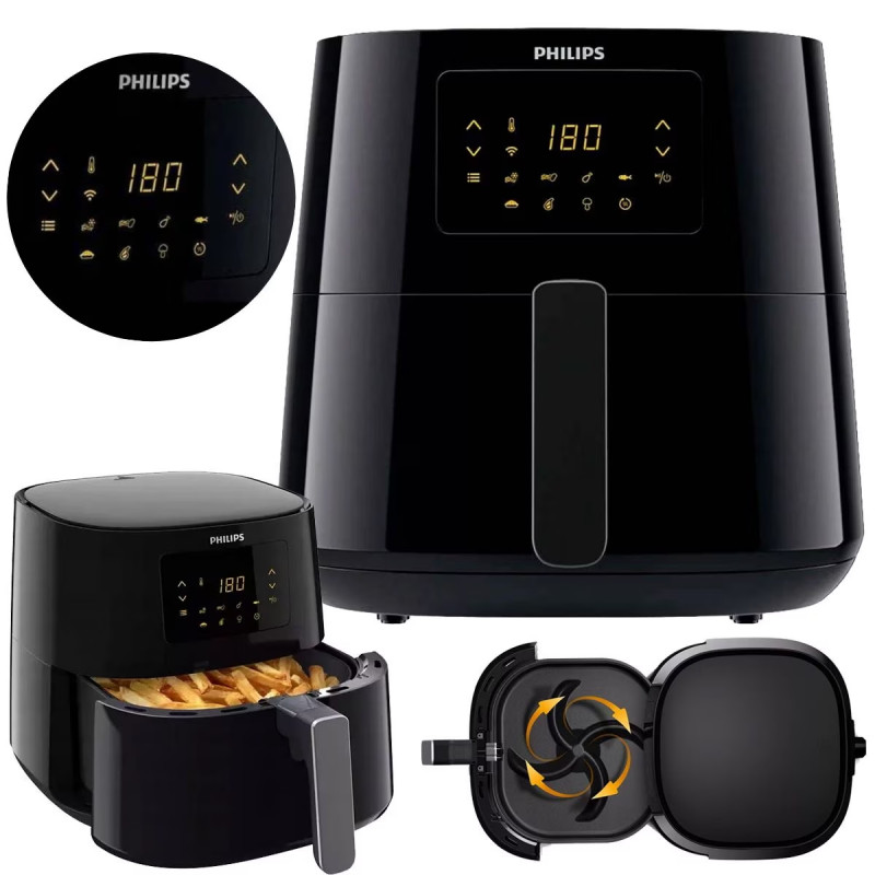 Фритюрник с горещ въздух Philips HD9280/70, 6.2L, 2000W, LED, 7 програми, 90% по-малко мазнини, Rapid Air, Черен