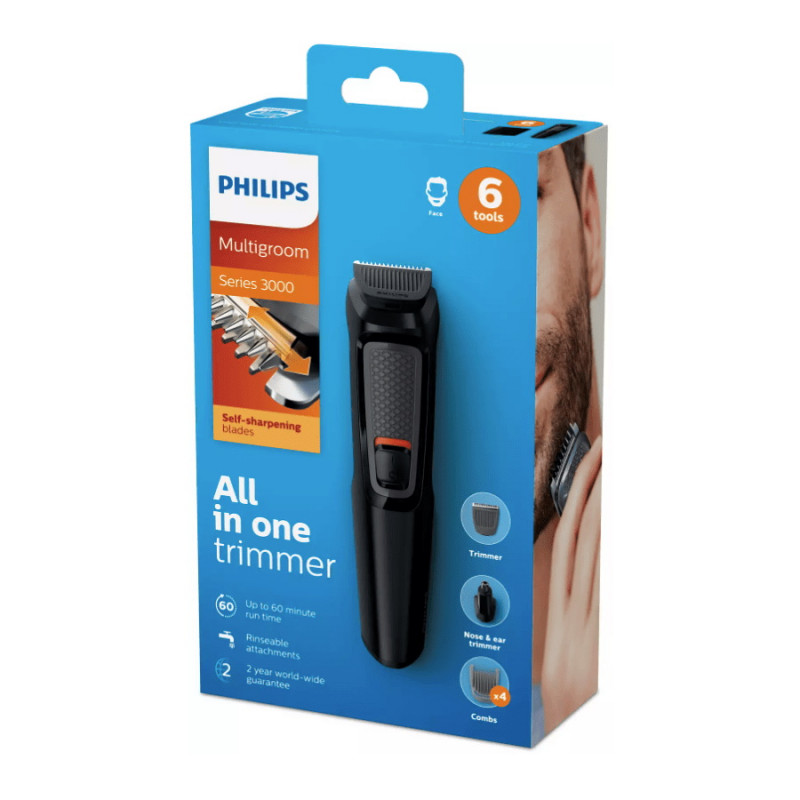 Тример 6в1 Philips MG3710/15, Мултифункционален, 60 мин. работа, Самонаточващи се ножчета, Аксесоари, Черен
