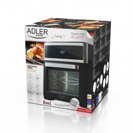 Фритюрник-фурна без мазнина Air Fryer Adler AD 6309, 2500W Max, 13 литра, 8 програми, Кошница, Черен/сребрист