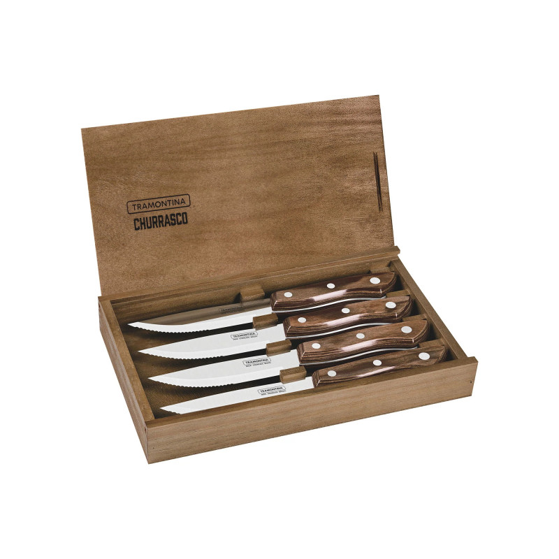 Комплект ножове за стек Tramontina TC29899-514, 4бр, Неръждаема стомана, Дървена дръжка, Подходящи за гравиране, Кафяв