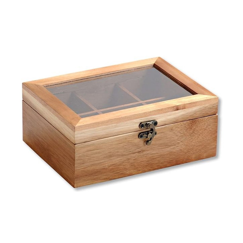 Кутия за чай Kesper 58902, 21.7x16х9см, Бамбук, 6 отделения, Прозрачен капак, Кафяв