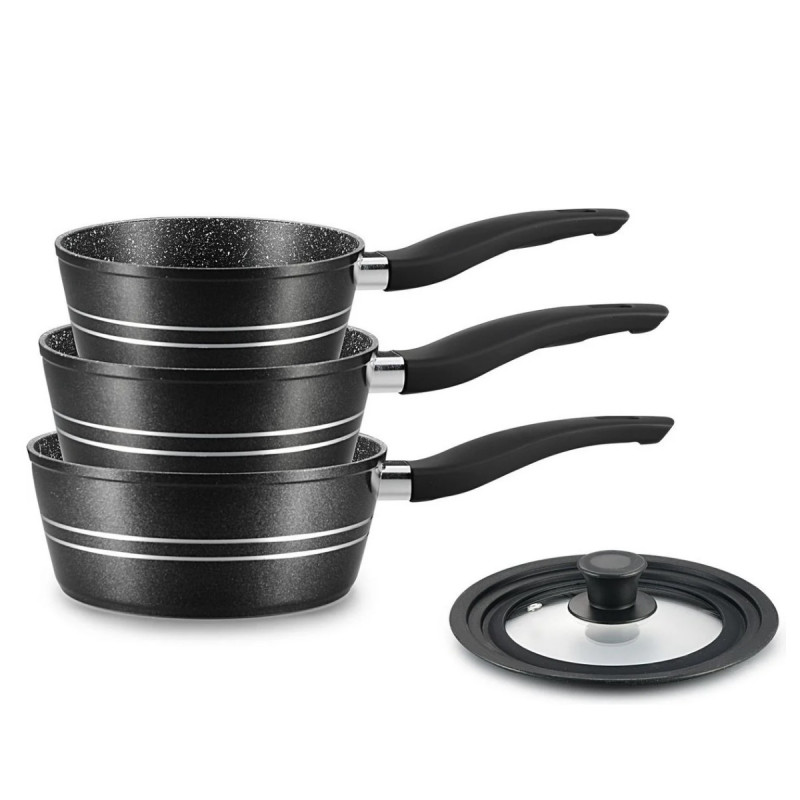 Комплект касероли Royalty Line RL-FS3M BLACK, 4 бр, Незалепващо покритие, Без PFOA, Студени дръжки, Индукция, Черен