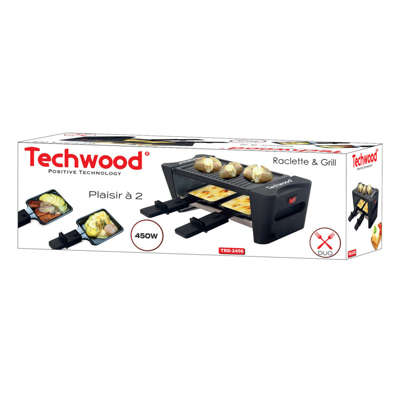 Раклет и грил Techwood TRD-2456, 450W, Незалепващо покритие, Студени дръжки, Термостат, Черен