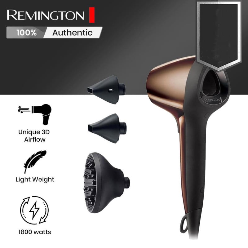 Сешоар Remington AIR3D D7777, 1800W, Йонизация, DC мотор, 3D поток на въздуха, Кафяв