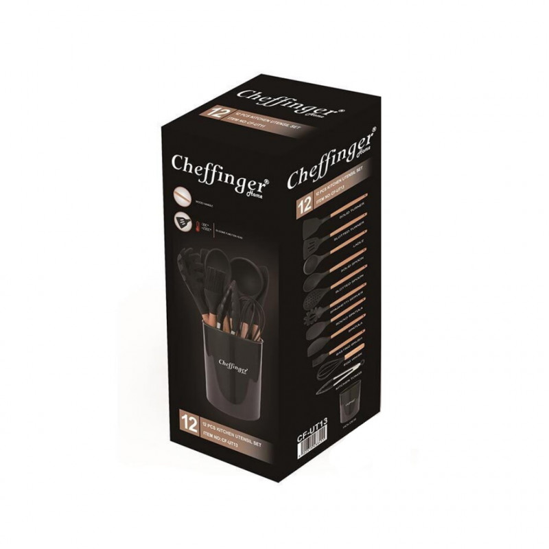 Комплект кухненски прибори на стойка Cheffinger UT10, 10 ч, Силикон и бамбук, Черен