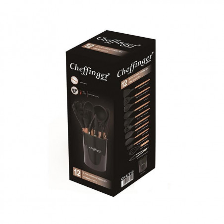 Комплект кухненски прибори на стойка Cheffinger UT10, 10 ч, Силикон и бамбук, Черен