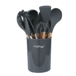 Комплект кухненски прибори Cheffinger UT11, 12 части, Стойка, Силикон и дърво, Без BPA, Сив