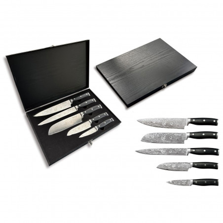 Комплект ножове в дървена кутия Cheffinger DAMA01, 5 ч, Неръждаема стомана, Черен