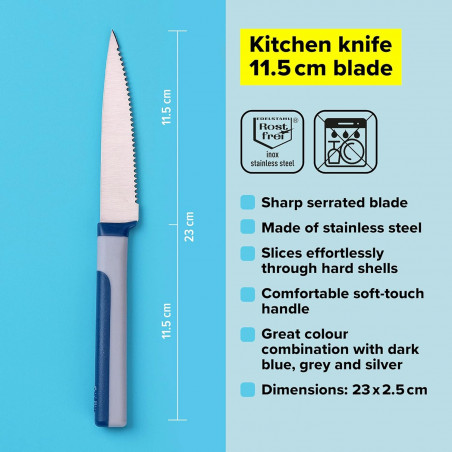 Назъбен кухненски нож Tasty 678242, Мека дръжка, 11.5см, Неръждаема стомана, Син