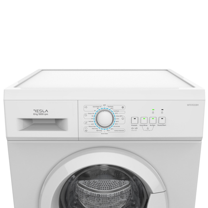 Пералня Tesla WF61033M, 2000W, 6 Kg, Енергиен клас Е, 23 програми, Slim, 1000 rpm, Caмoпoчиcтвaнe, Бял