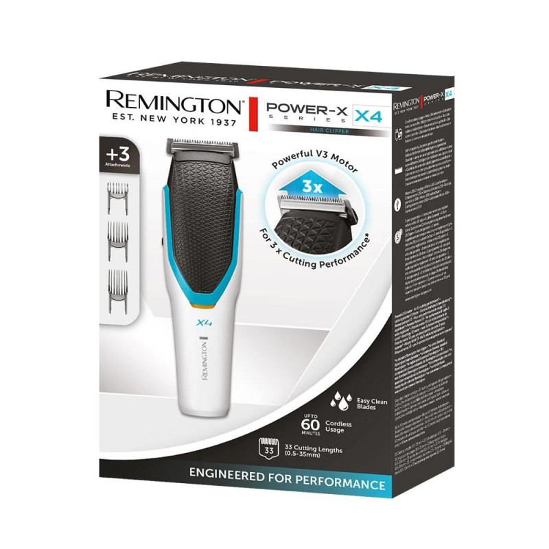 Машинка за подстригване Remington Power X Series X4 HC4000, Акумулатор, 0.5-35 mm, Автономия 60 мин, Стоманени ножове, LED индикатор, Бял/син