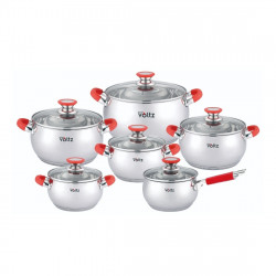 Комплект тенджери Oliver Voltz OV51210N12, 12ч, Индукция, Силиконови дръжки, Инокс/Червен