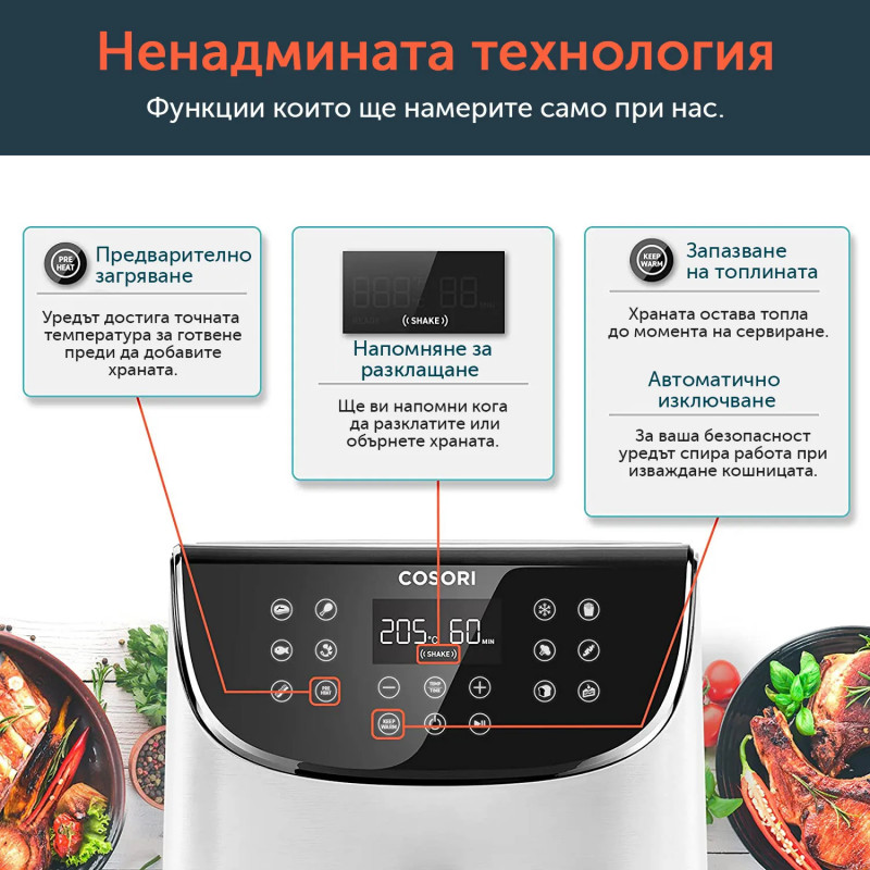 Фритюрник с горещ въздух Cosori Premium Air Fryer CP158-AF, 1700W, 5.5 л, 11 програми, Таймер, Бял