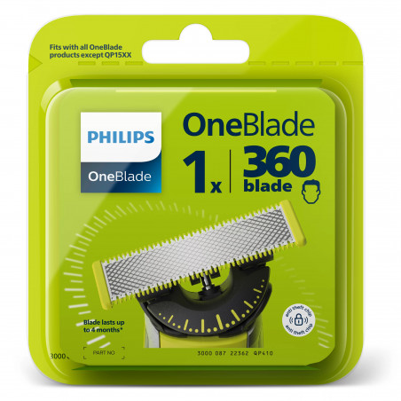 Philips острие OneBlade 360 QP410/50, 360 градусово, Двустранно, Индикатор за смяна, Мокро и сухо, Сив/зелен
