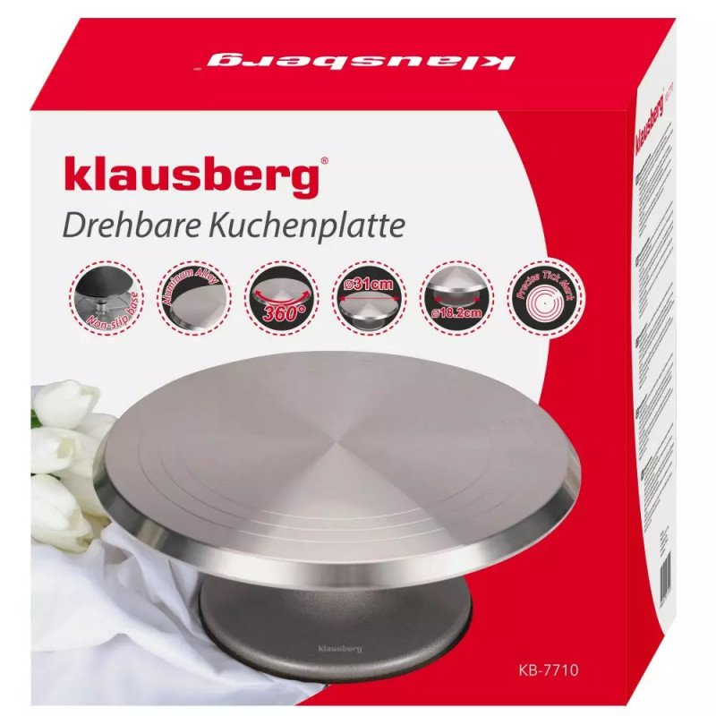 Поставка за торта Klausberg KB 7710, Въртене на 360 гр, 31 см, Сребрист