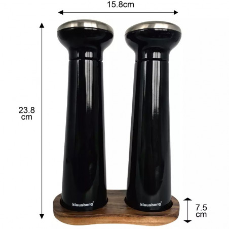 Мелнички за сол и пипер Klausberg KB 7705, 2 бр, Акациева стойка, Керамика, Черен