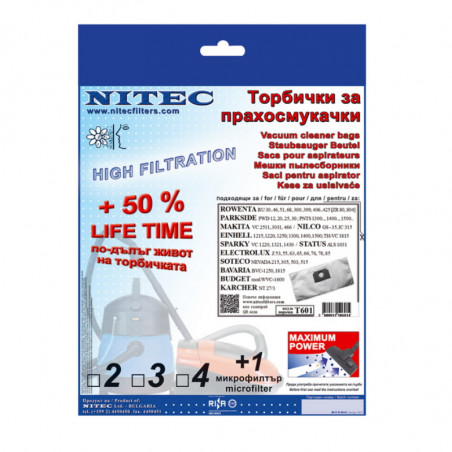 Торбички за прахосмукачка NITEC T601, 3 бр, Трислойна синтетична материя, Безцветен