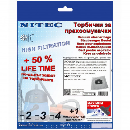 Торбички за прахосмукачки Nitec Т621, 3 бр + 1 микрофилтър, Бял