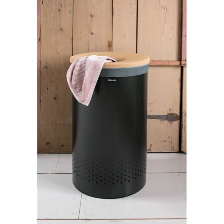 Кош за пране Brabantia 1000826, 60 л, Корков капак, Пълнене без отваряне, Вентилационни отвори, Черен