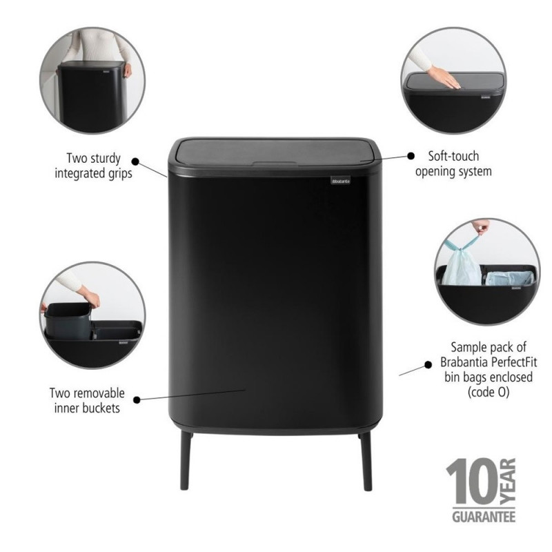 Кош за боклук Brabantia Bo Touch Hi 1001264, 2x30 л, Плътно прилепване към стена, Реглаж на краката, Черен/мат