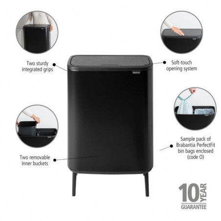 Кош за боклук Brabantia Bo Touch Hi 1001264, 2x30 л, Плътно прилепване към стена, Реглаж на краката, Черен/мат