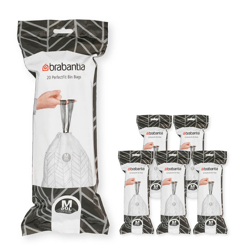 Торбички за кош Brabantia PerfectFit Bo 1005595, Размер М, 60 л, 120 броя, Бял