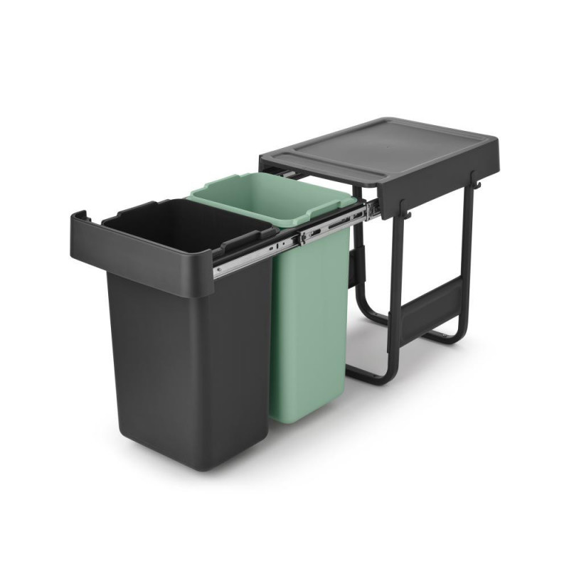 Кош за разделно събиране на боклук Brabantia Sort&Go 1008862, 2x15 л, Вътрешен монтаж с телескопична рамка, Сив/зелен