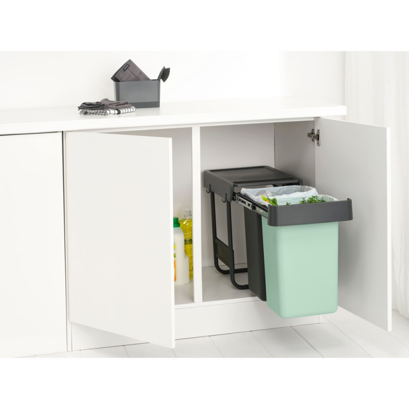 Кош за разделно събиране на боклук Brabantia Sort&Go 1008862, 2x15 л, Вътрешен монтаж с телескопична рамка, Сив/зелен