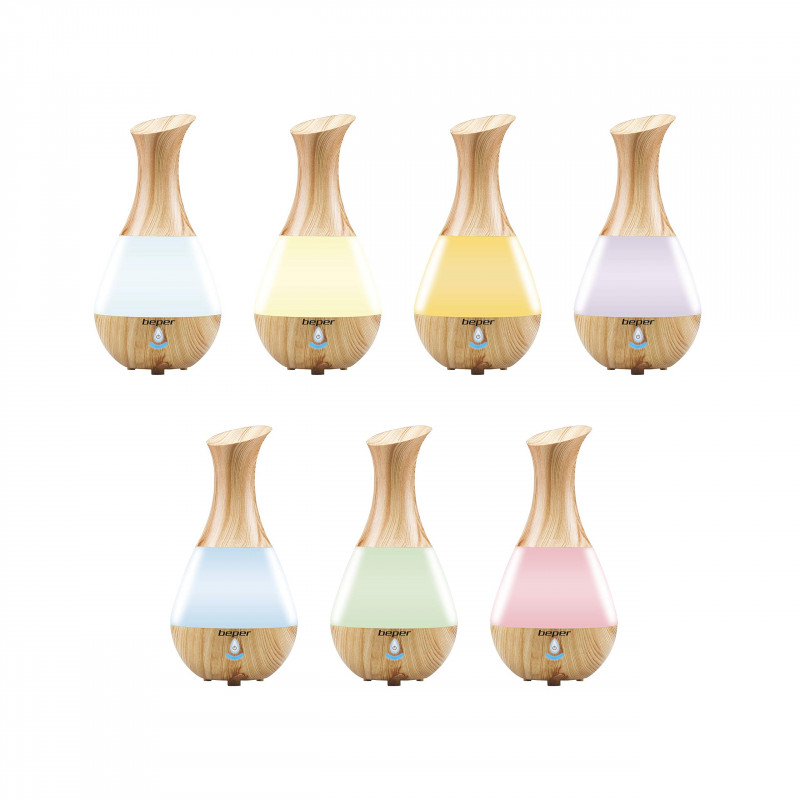 Арома дифузер Beper 70.405, 4 W, 235 мл, Подходящ за етерични масла, LED светлина, 7 цвята, Дървесен