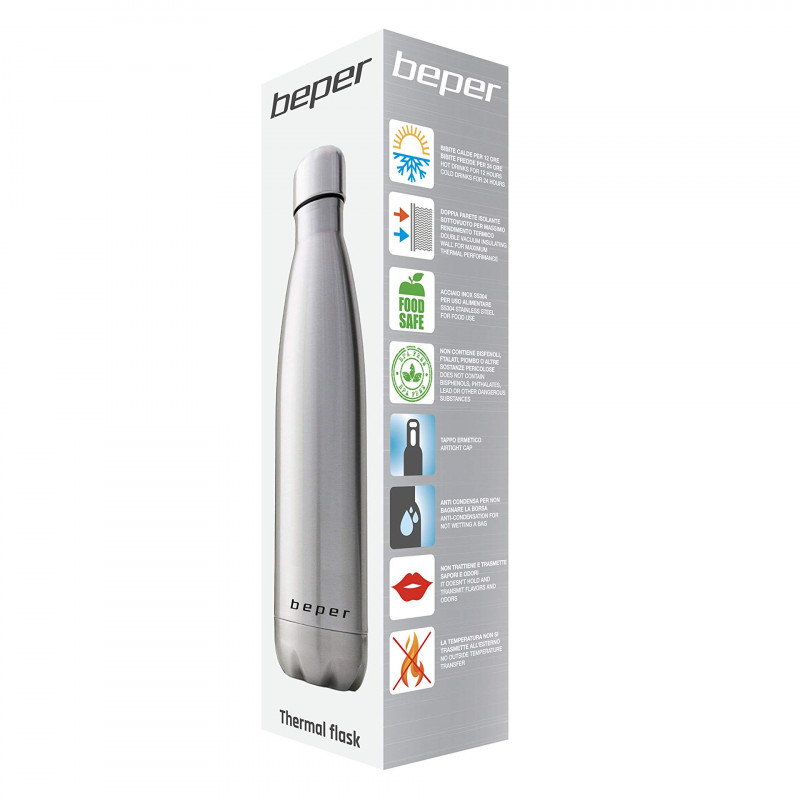 Термо бутилка Beper BI.505, 500 мл, Двойни стени, Без BPA, Неръждаема стомана, Инокс