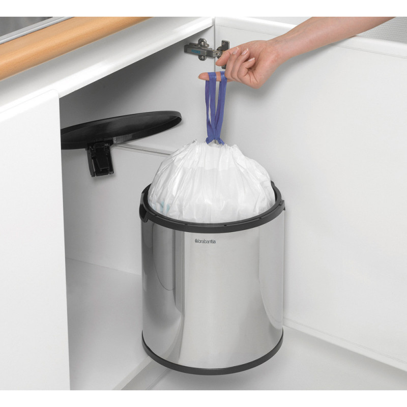 Кош за боклук за вграждане Brabantia Built-In 647044, 15 л, Широк отвор, Пластмасова вътрешна кофа, Инокс