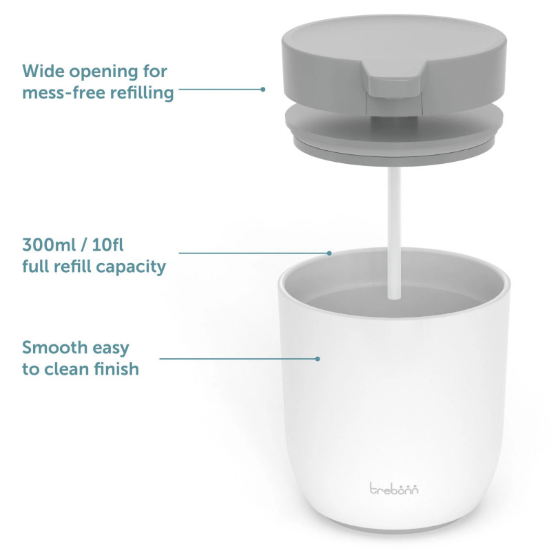 Диспенсър за сапун Trebonn 3025120, Работа чрез натиск, 300 мл, Широк отвор, Голяма помпа, Бял/сив