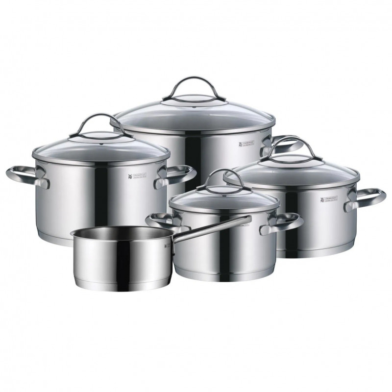 Комплект тенджери WMF Provence Plus 5, 9 части, Неръждаема стомана 18/10, Многослойно TransTherm дъно, Индукция, Сребрист