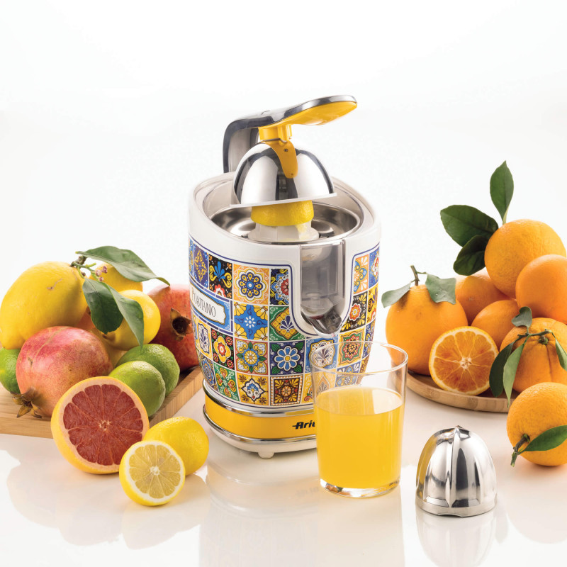 Цитрус преса Ariete Positano JUICER 0413/0P, 85W, Метално тяло, Безшумна работа, 2 приставки, Бял/Жълт