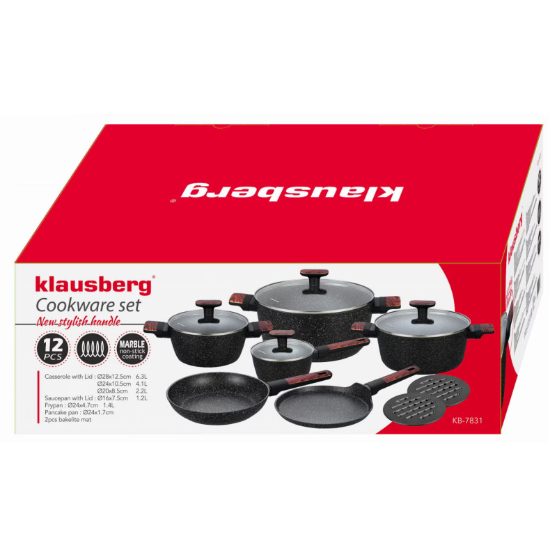 Комплект тенджери и тигани Klausberg KB 7831, 12 ч, Отливка, Мраморно покритие, Индукция, Черен