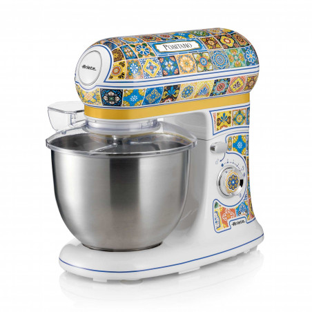 Планетарен миксер Ariete Positano 1588/0P, 2400W, 5.5 л, 7 скорости, Пулс, Ретро дизайн, Аксесоари, Бял/Жълт