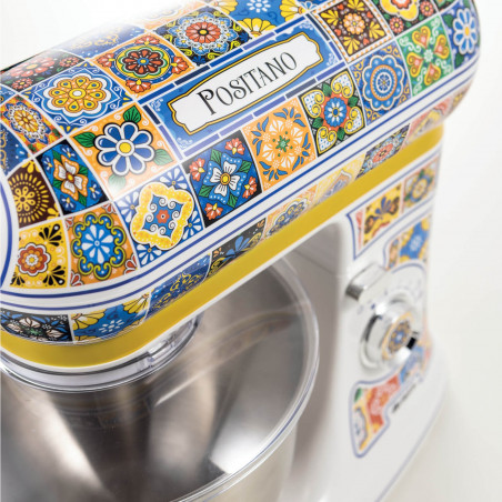 Планетарен миксер Ariete Positano 1588/0P, 2400W, 5.5 л, 7 скорости, Пулс, Ретро дизайн, Аксесоари, Бял/Жълт
