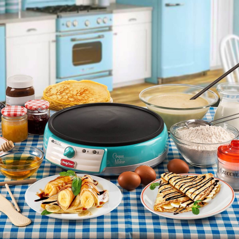 Уред за палачинки Ariete PARTY TIME 0202/01, 1000W, Незалепващо покритие, Лесно почистване, Индикатор за готовност, Тюркоаз